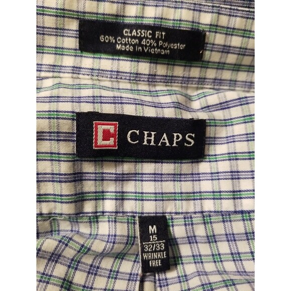 Chaps Men's Size M Long Sleeve Button-Down Shirt Blue Checkered Wrinkle Free - Picture 3 of 4